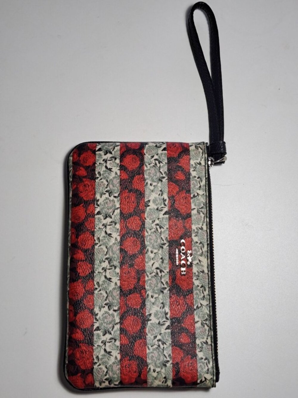 Coach New York Wristlet Wallet With Floral Stripes & Zip Closure